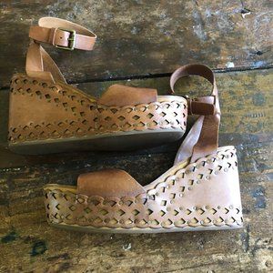 Platform chunky block heel wedge leather boho sand